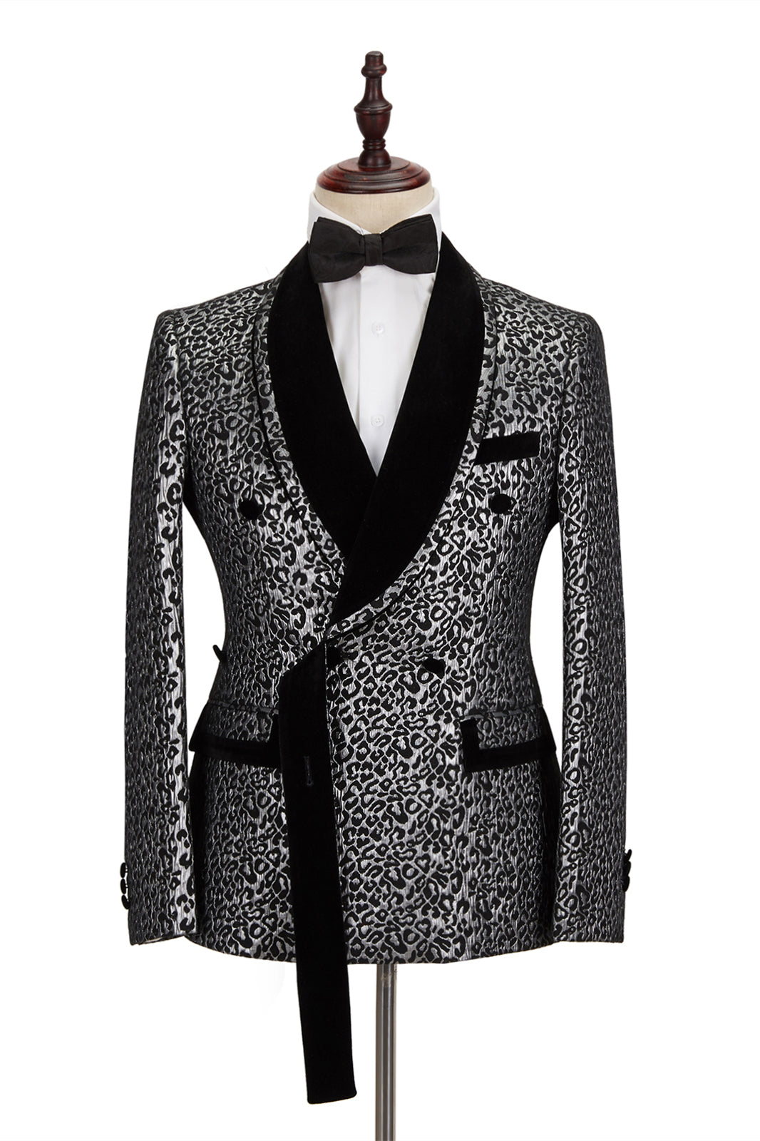 Newest Silver Leopard Double-Breasted Black Stitching Prom Outfits Men with Jacquard Shawl Lapel