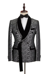Newest Silver Leopard Double-Breasted Black Stitching Prom Outfits Men with Jacquard Shawl Lapel