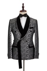 Black Stitching Silver Leopard Jacquard Men's Suit Shawl Lapel Double-Breasted Wedding Suit for Formal with Shirt