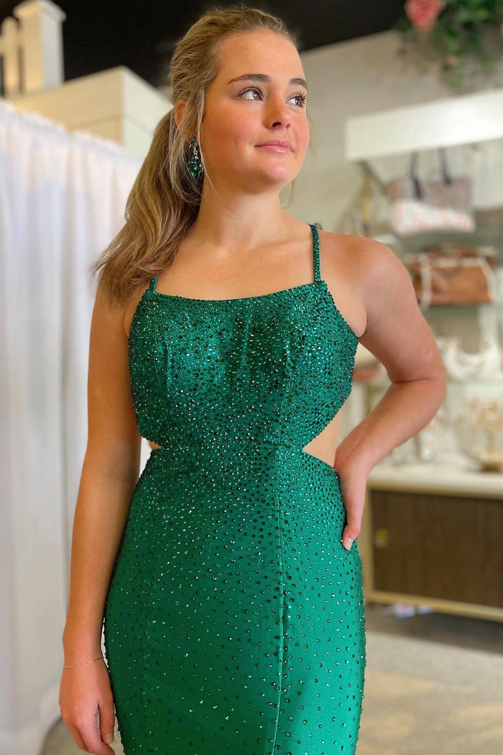 Dark Green Mermaid Prom Dress with Spaghetti Straps Cut-Out Details and Beading