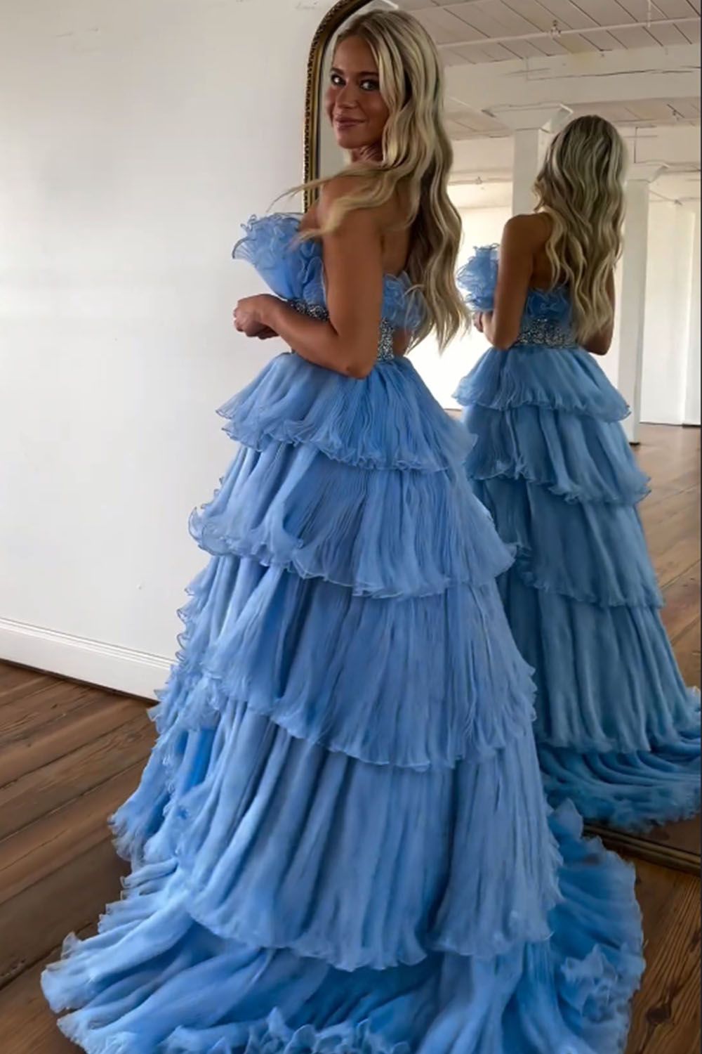 Long Blue Strapless Prom Dress with Beading in Princess Tulle