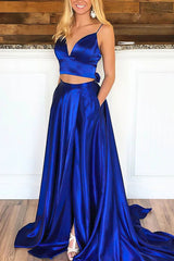 Elegant A-line Prom Dress in Royal Blue Satin Featuring Pockets