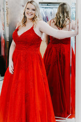 Red Plus Size Long Prom Dress with Spaghetti Straps and Appliques in A-Line