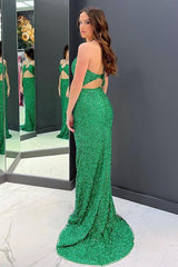 Long Green Sequined Prom Dress with Cut Out and Mermaid Halter