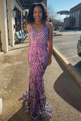 Elegant Pink Sequined Mermaid Prom Gown with Spaghetti Straps