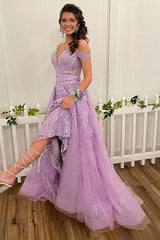 Lilac Off-the-Shoulder A-Line Prom Dress with Elegant Appliques