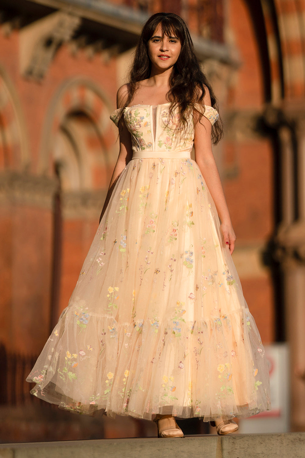 Champagne Long Prom Dress with Sweetheart Neckline and Princess A-Line Embroidery
