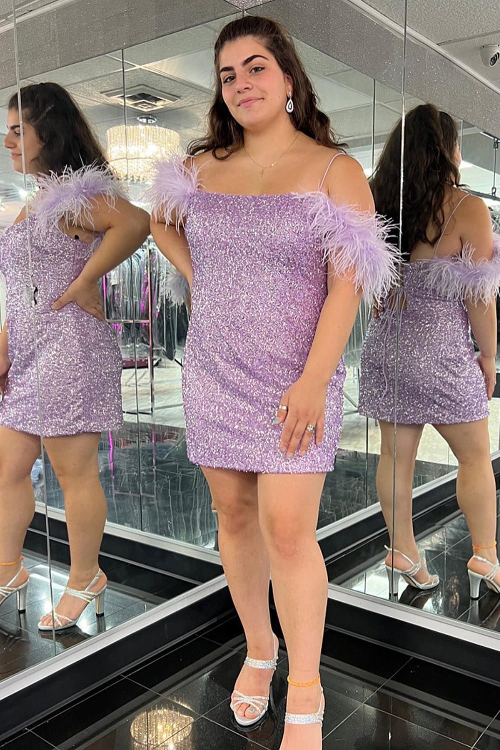 Sparkly Lilac Sequins Tight Short Homecoming Dress/Mini Dress with Feathers