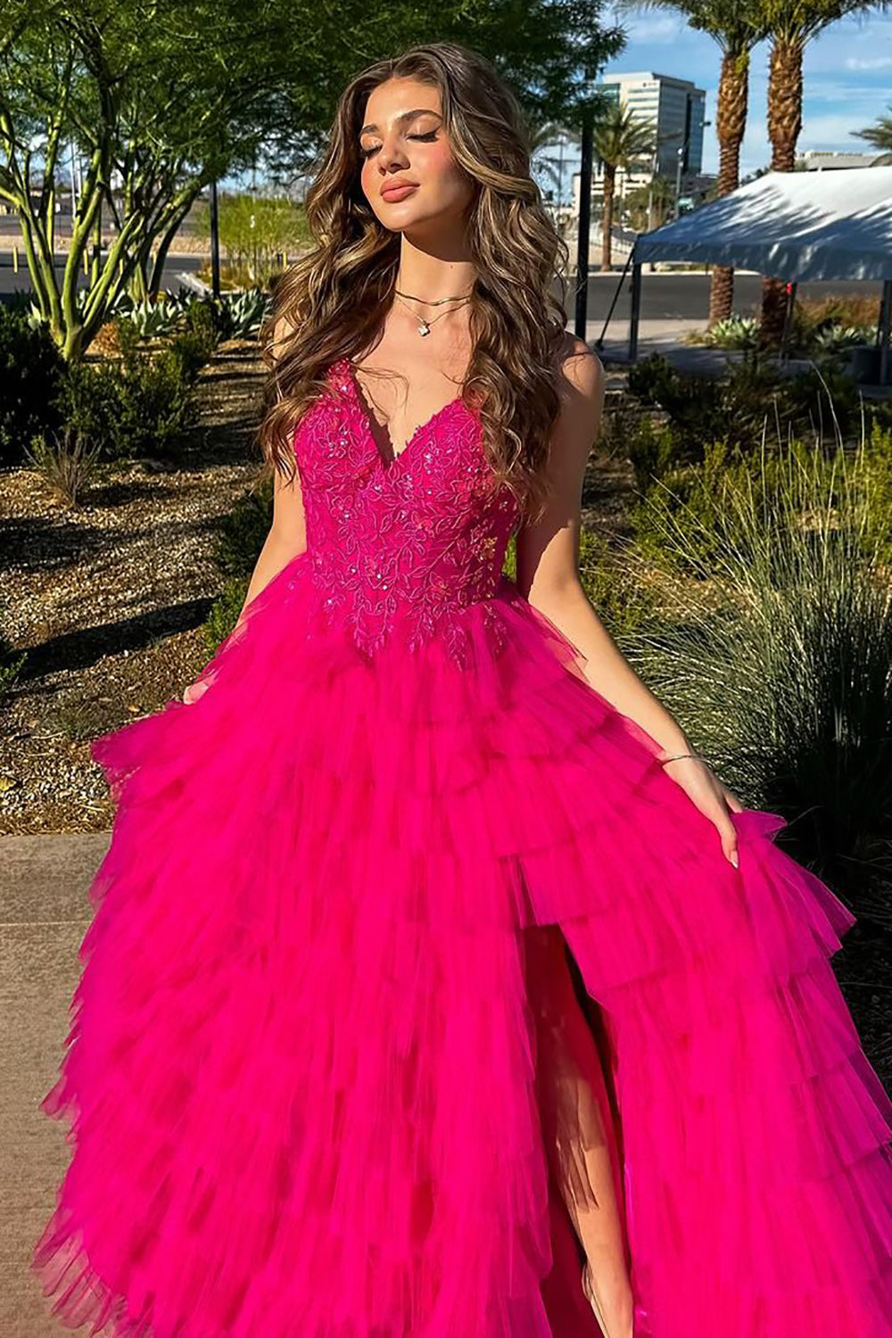 Elegant Fuchsia Long Prom Dress with Spaghetti Straps and A-Line Ruffles