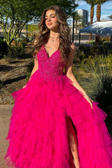 Elegant Fuchsia Long Prom Dress with Spaghetti Straps and A-Line Ruffles