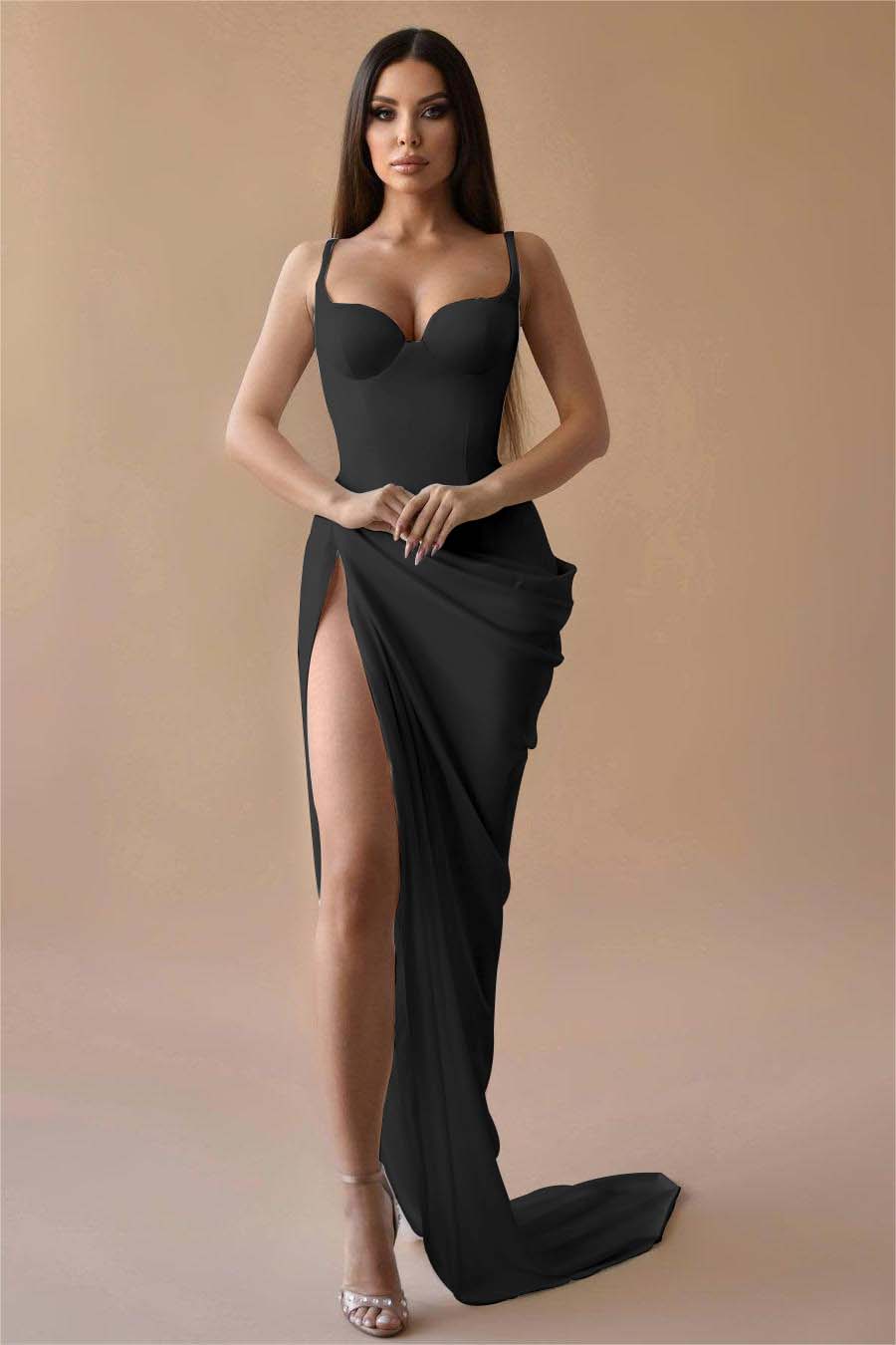 Simple White Spaghetti Strap Sleeveless Pleated Long Formal Dress With Split