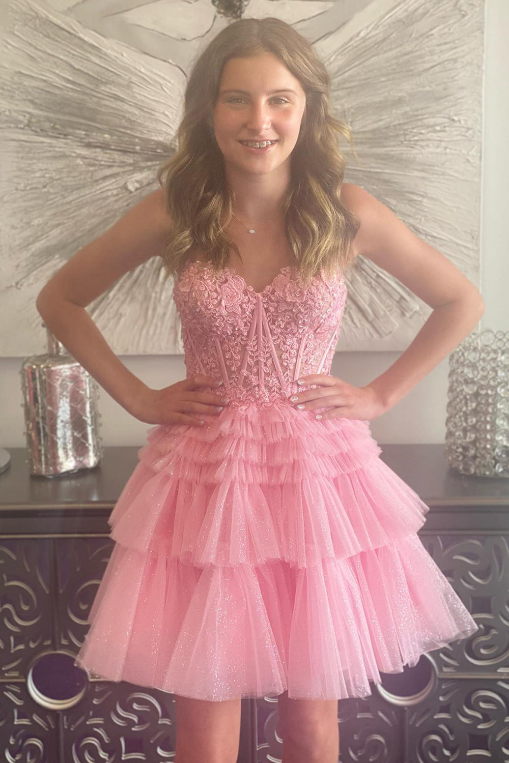 Glitter Pink Corset A-Line Tiered Short Homecoming Dress/Mini Dress with Lace