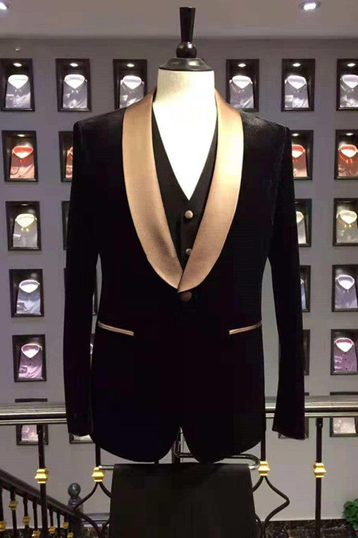 Popular Black Wedding Suit for Men with Champagne Shawl Lapel