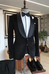 Gentle Black Slim Fit Shawl Lapel with One Button Sparkle Wedding Suits