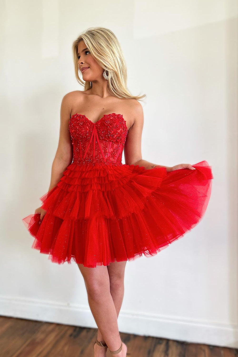 Glitter Lavender Corset Tiered Short A-Line Tulle Homecoming Dress/Mini Dress with Lace