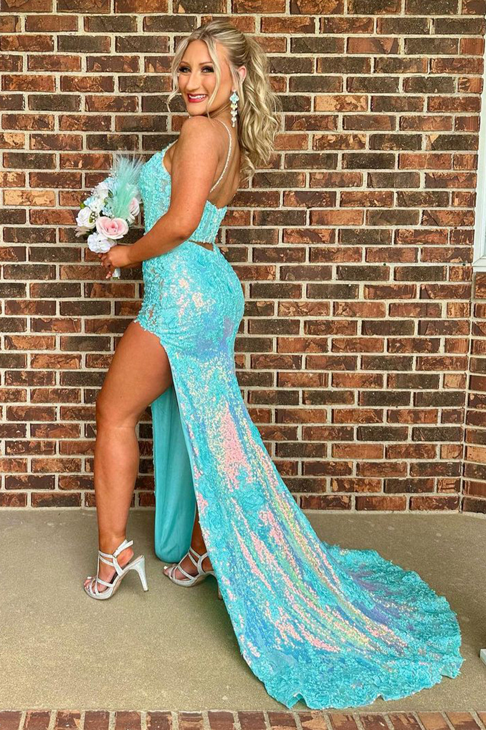 Black Sparkle Sequined Prom Dress with Spaghetti Straps and Slit Appliques