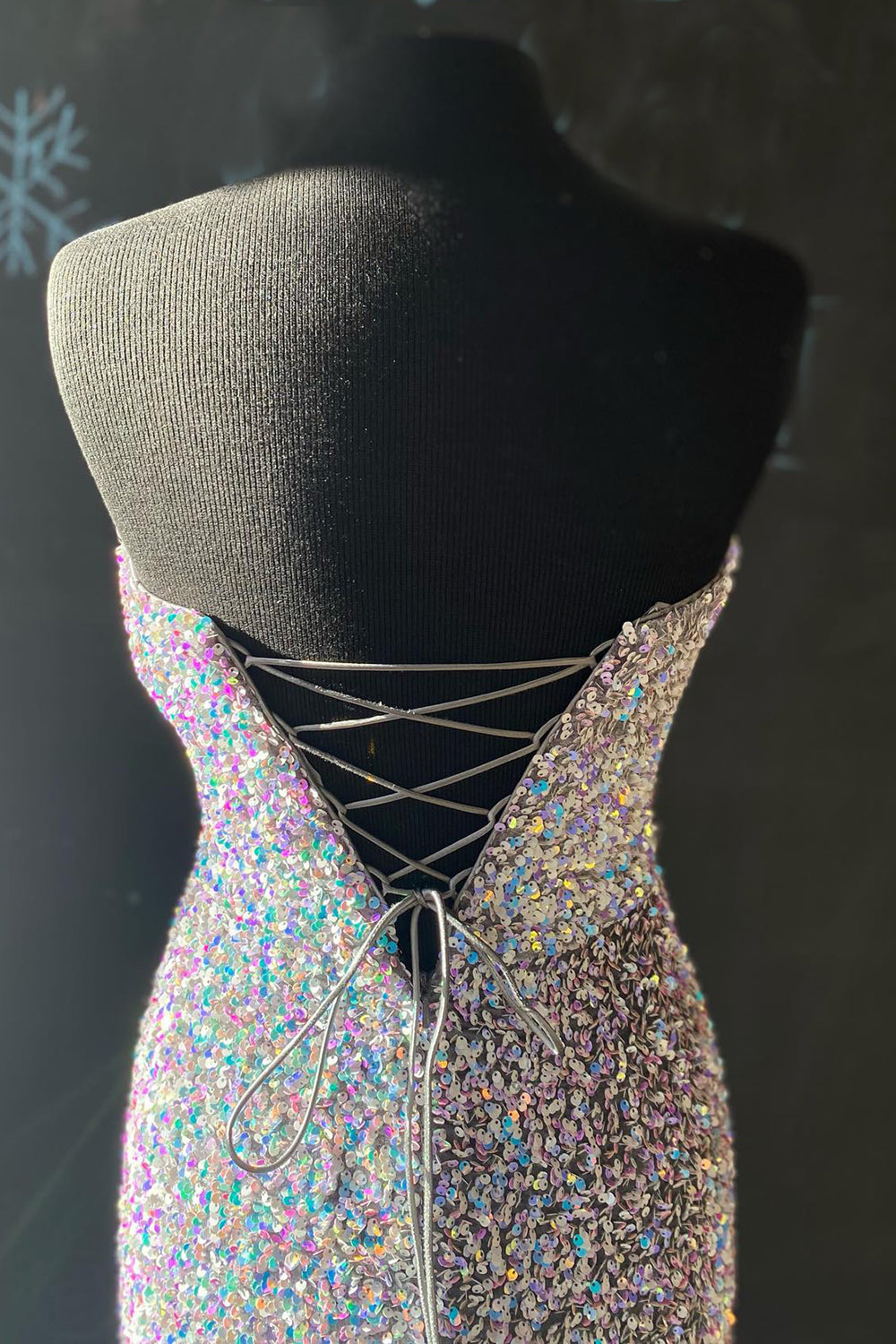 Long Strapless White Prom Dress Featuring Sequins and a Front Split