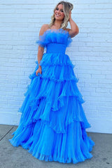 Elegant Blue Strapless A-Line Prom Gown with Ruffled Details