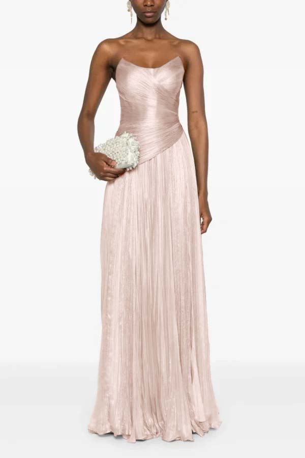 Chic Strapless Sleeveless Long Formal Dress With Ruffles Pleated