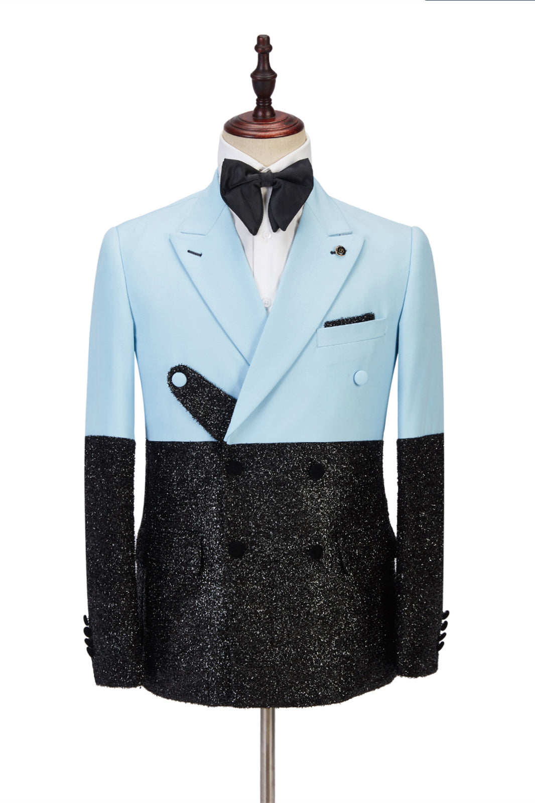Glamorous Sky Blue Stitching Sparkle Two-Piece Party Prom Suits with Black Peak Lapel