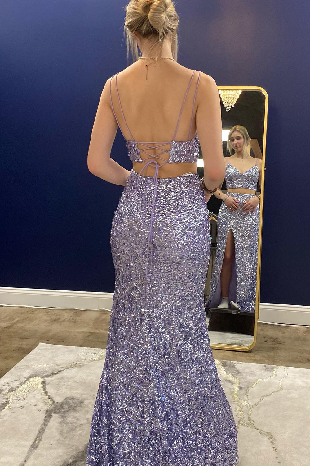Orange Sequined Two-Piece Mermaid Prom Dress Featuring a Slit
