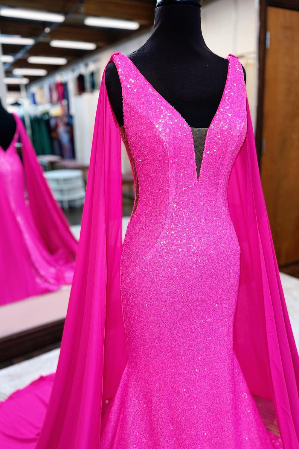 Long Mermaid Prom Dress with Sparkly Hot Pink Sequins and V-neck Cape
