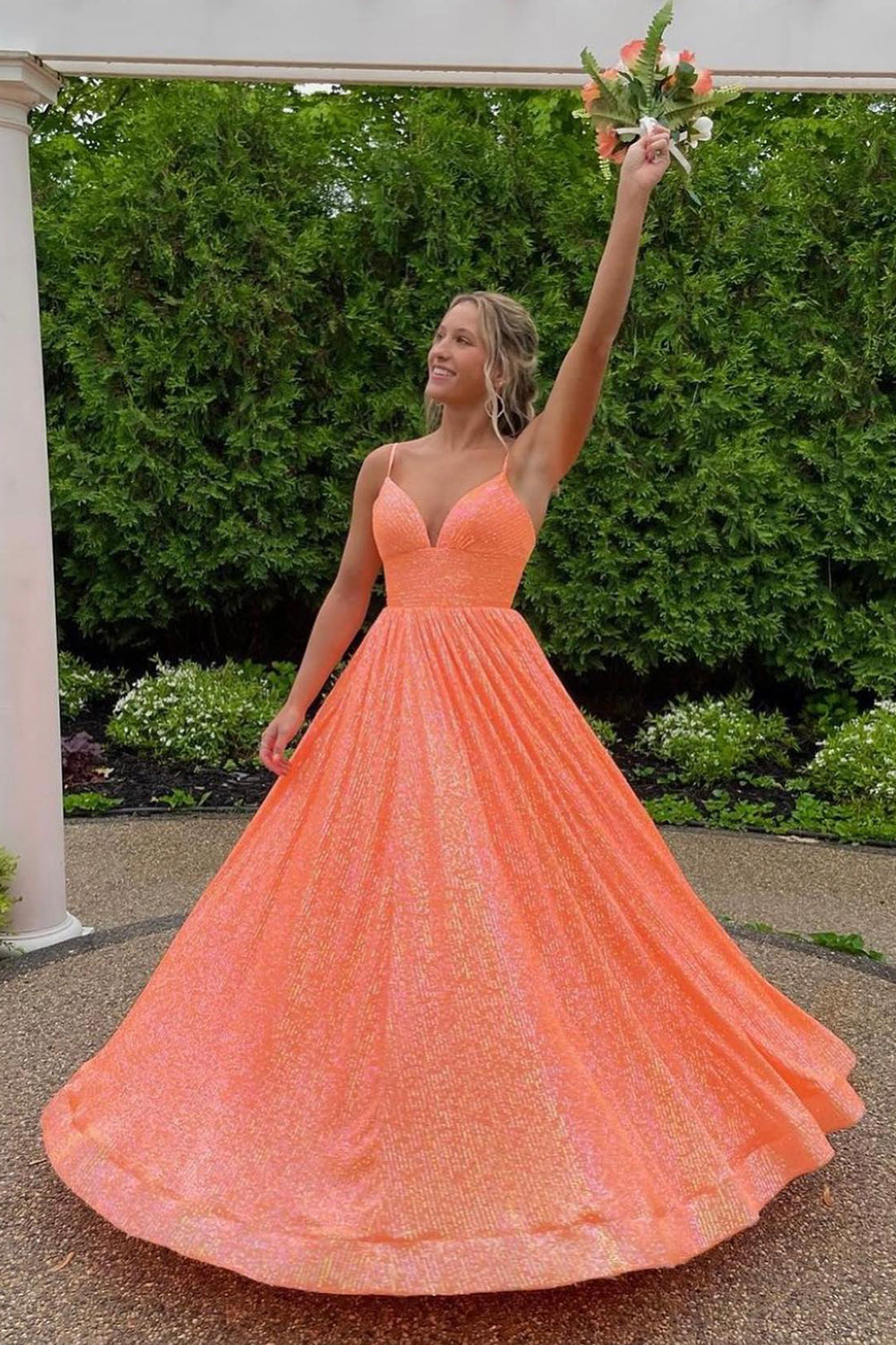 Long A-Line Prom Dress with Fuchsia Sequins and Spaghetti Straps