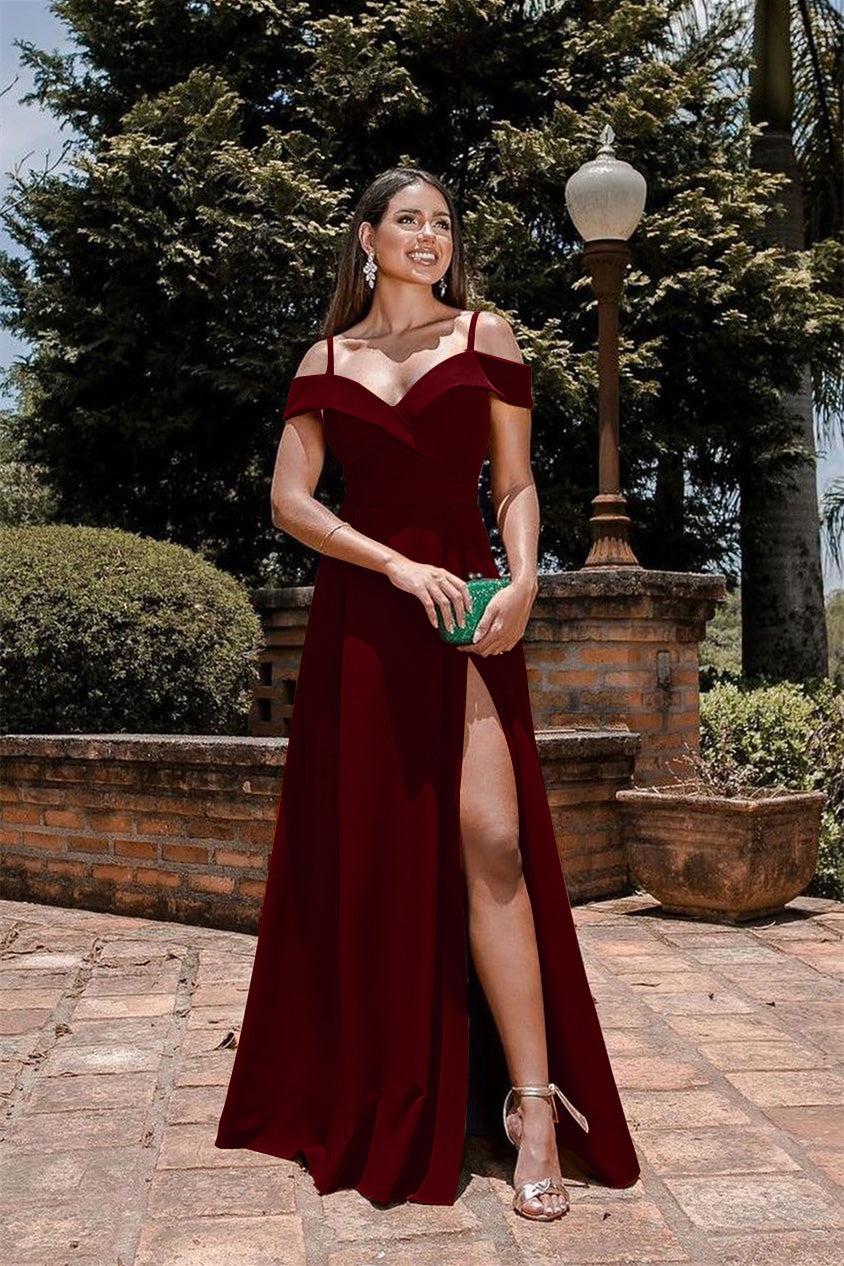 Burnt Orange Evening Dress Spaghetti-Straps Split Sweetheart Off-The-Shoulder