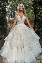 Ivory Off-the-Shoulder Princess A-Line Prom Dress with Ruffles