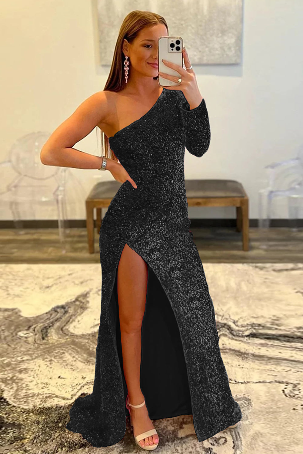 Sequined Prom Dress with a Single Shoulder in Pink