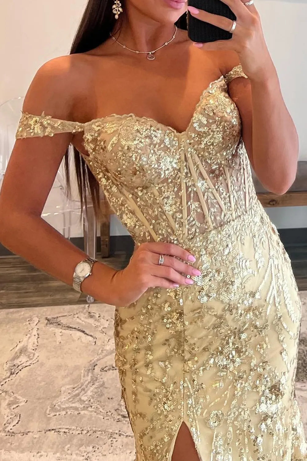 Golden Sparkle Mermaid Prom Dress with Shoulder Slit and Sequins