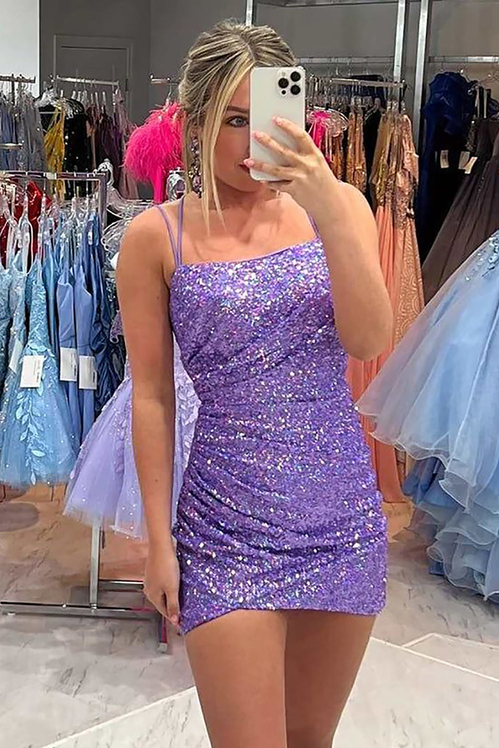 Sparkly Pink Sequins Spaghetti Straps Sleeveless Tight Short Homecoming Dress/Mini Dress