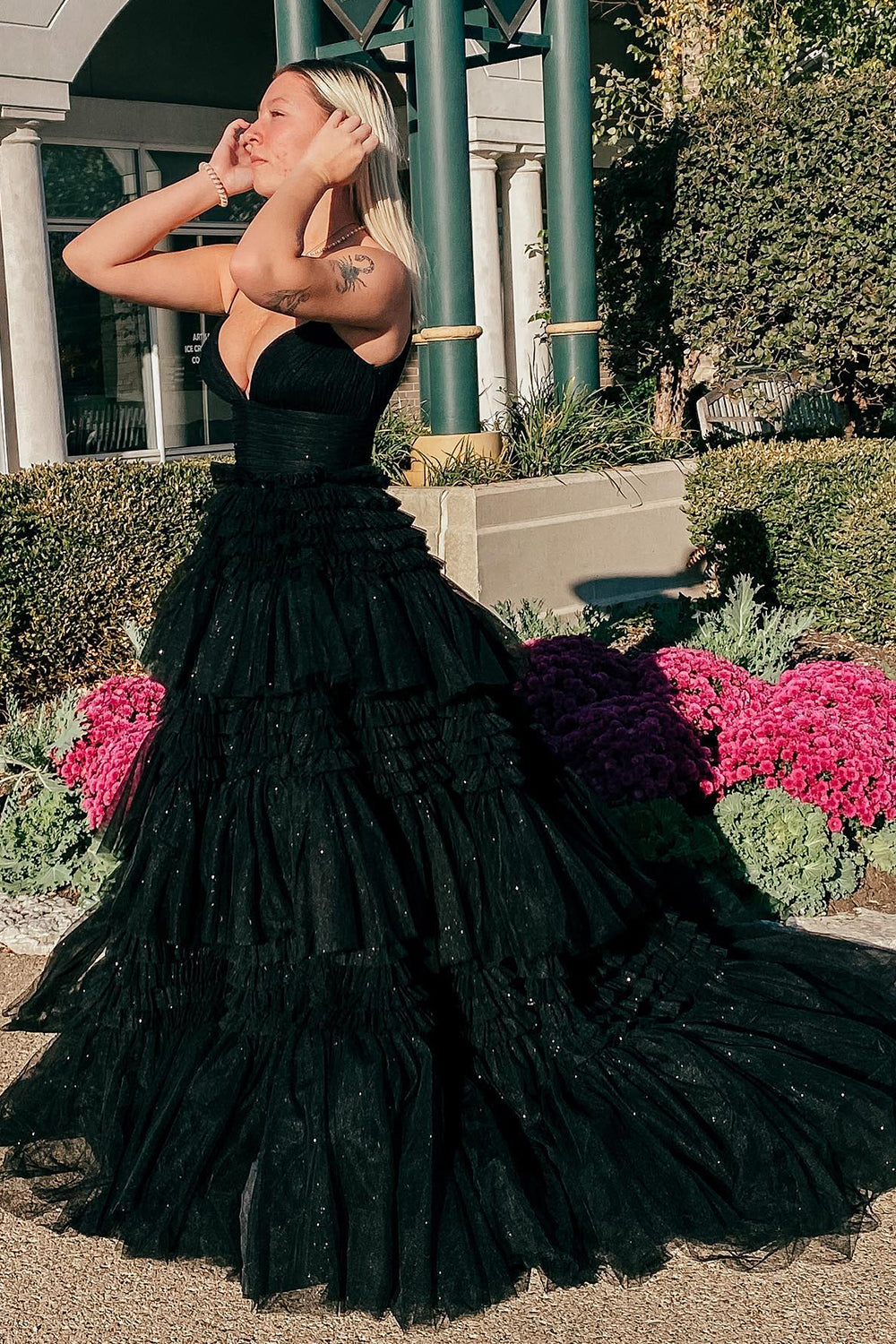 Long White Prom Dress with Tiered Tulle and Spaghetti Straps Featuring a Slit