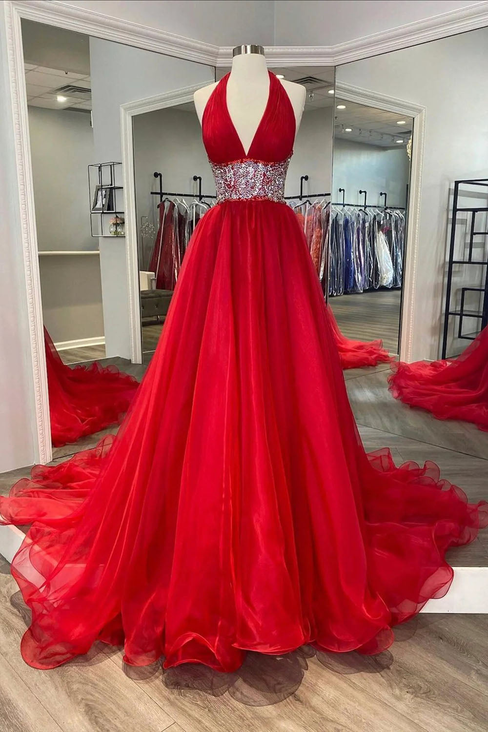 Long Red Prom Dress with Beading in A-Line Halter Neck Style