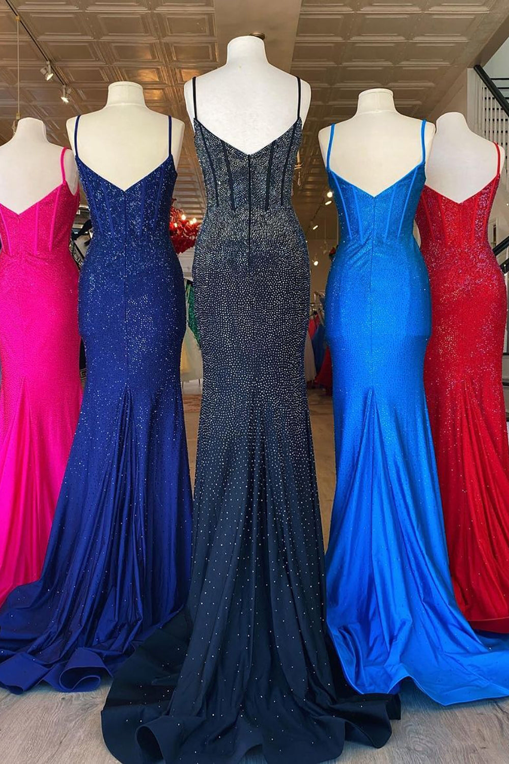 Long Fuchsia Mermaid Prom Dress with Glitter Beading and Spaghetti Straps