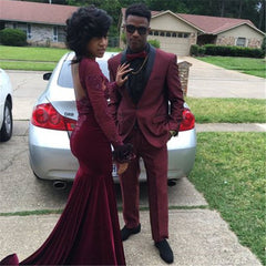 Black Shawl Burgundy Bespoke Men's Tuxedo for Wedding with One Button