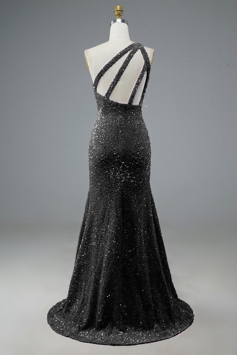 Long Black Glitter Prom Dress Featuring Sequins and a Slit