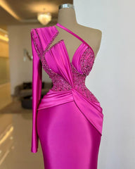 Noble Fuchsia One Shoulder Long Sleeve Mermaid Evening Dress With Beads