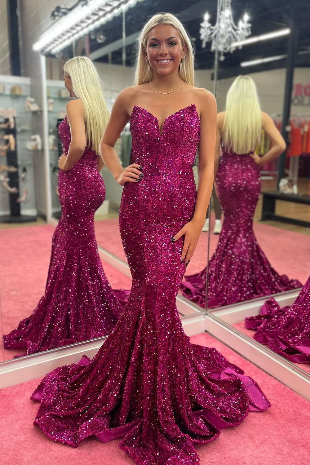 Fuchsia Mermaid Prom Dress with Strapless Sequins