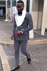 Fashion Black Dot Shawl Lapel Double-Breasted Men's Suit White Lapel