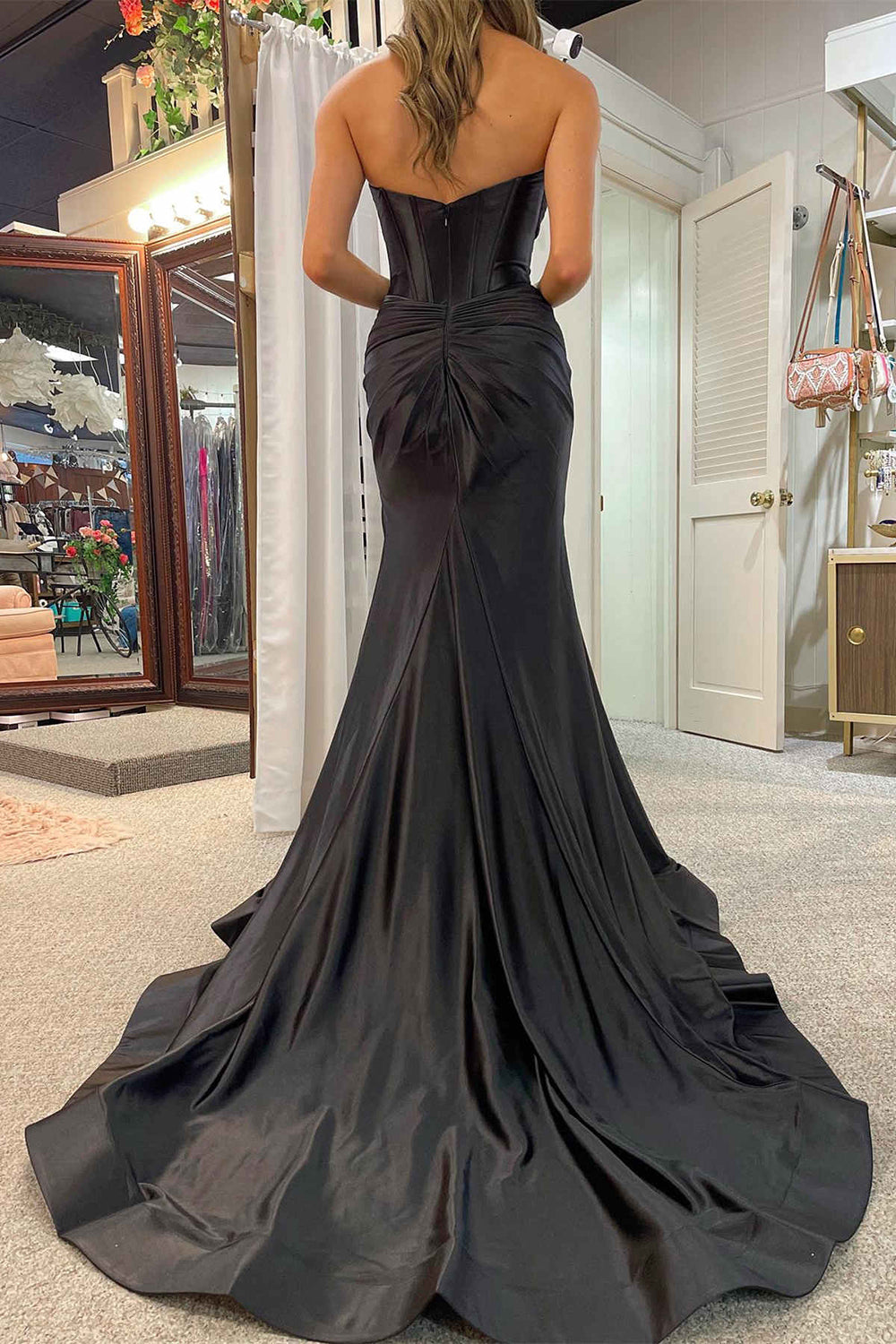 Long Orange Satin Mermaid Prom Dress with Corset and Slit