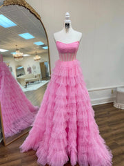 Strapless Long Prom Dress in Golden Tulle with Tiered Layers and Slit