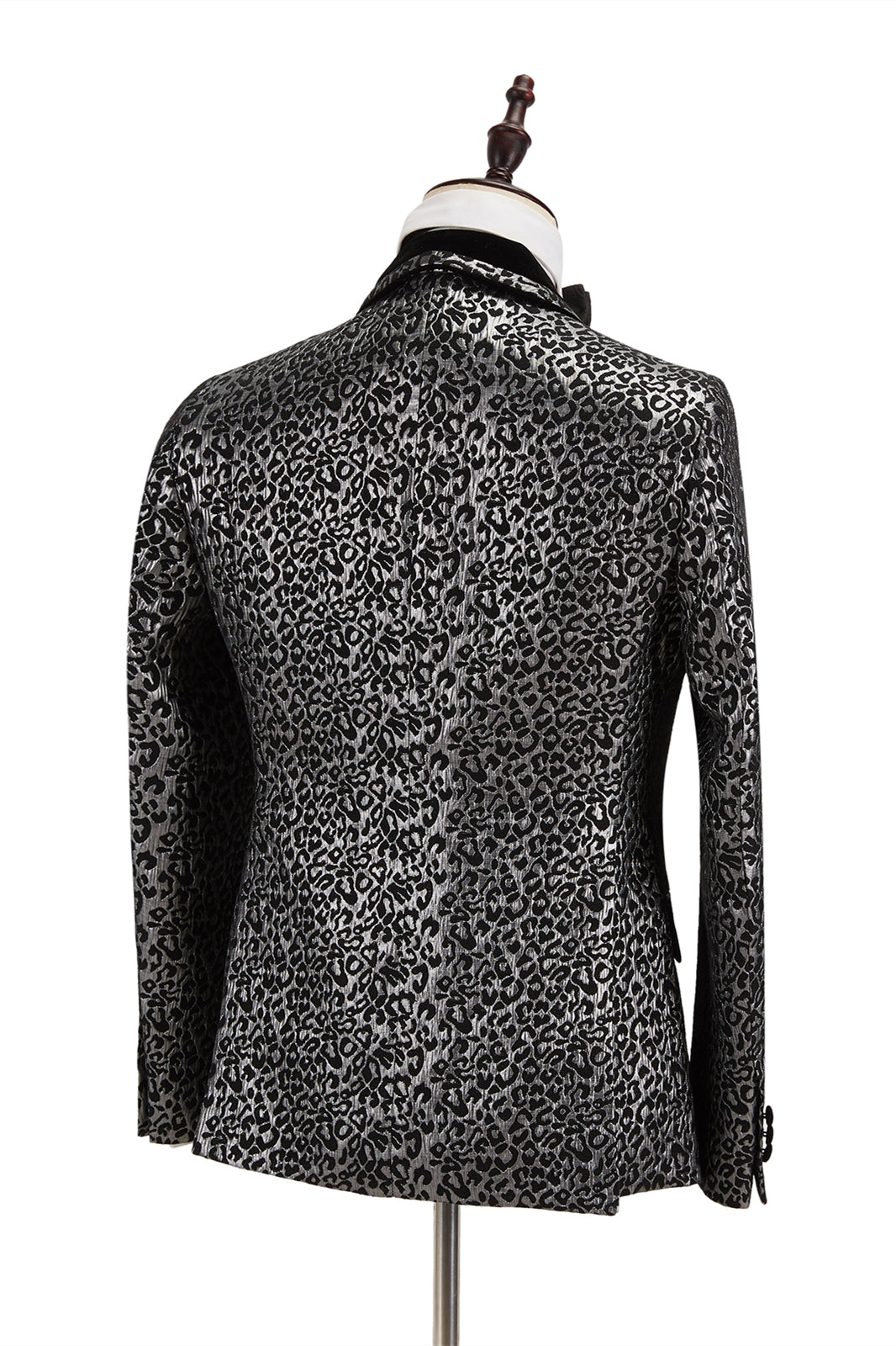Black Stitching Silver Leopard Jacquard Men's Suit Shawl Lapel Double-Breasted Wedding Suit for Formal with Shirt