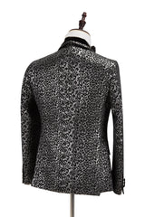 Black Stitching Silver Leopard Jacquard Men's Suit Shawl Lapel Double-Breasted Wedding Suit for Formal with Shirt