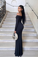 Long Sleeves Off the Shoulder Mermaid Long Formal Dress With Pleated