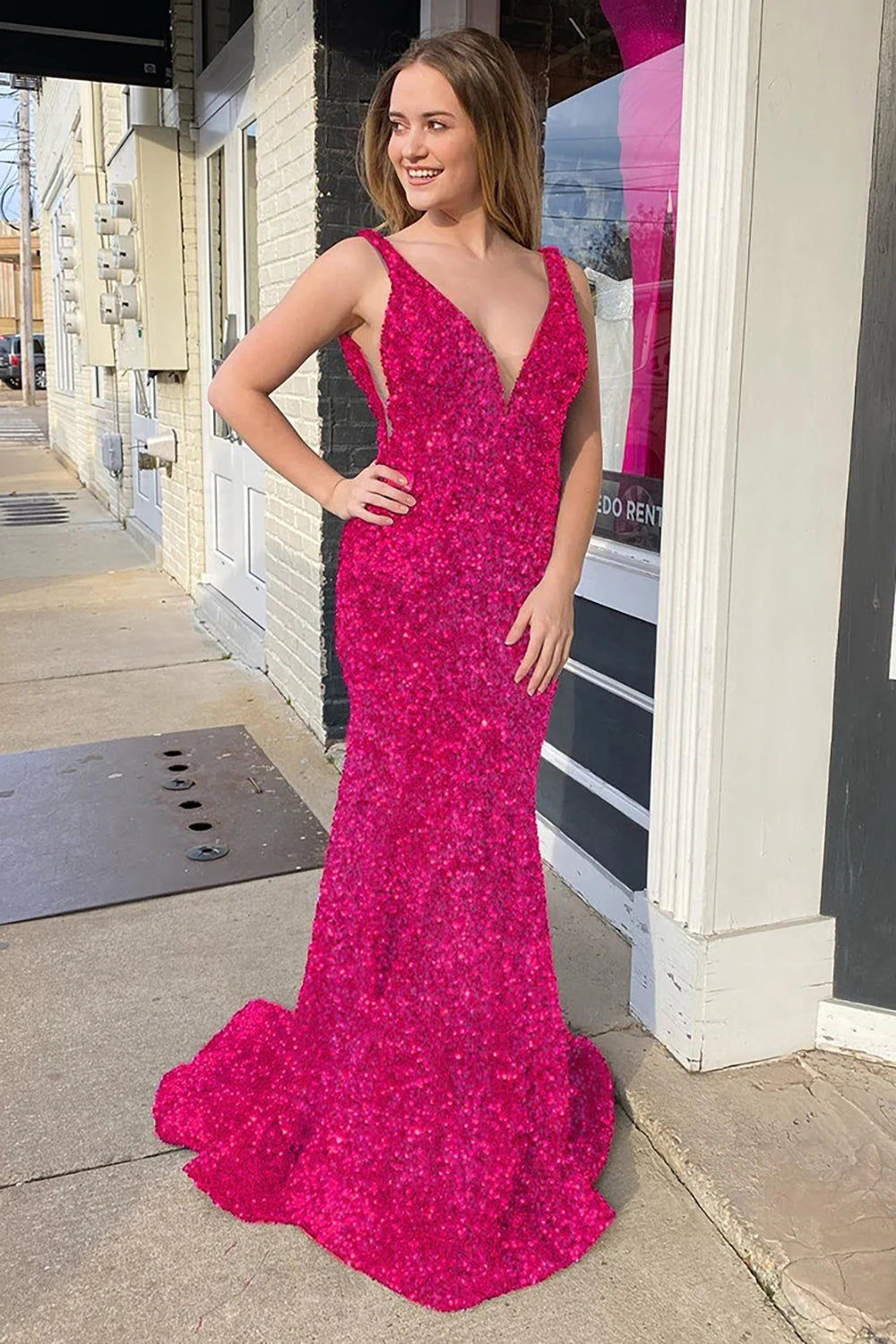 Purple Sequined Prom Dress with Deep V Neck and Open Back in Mermaid Style