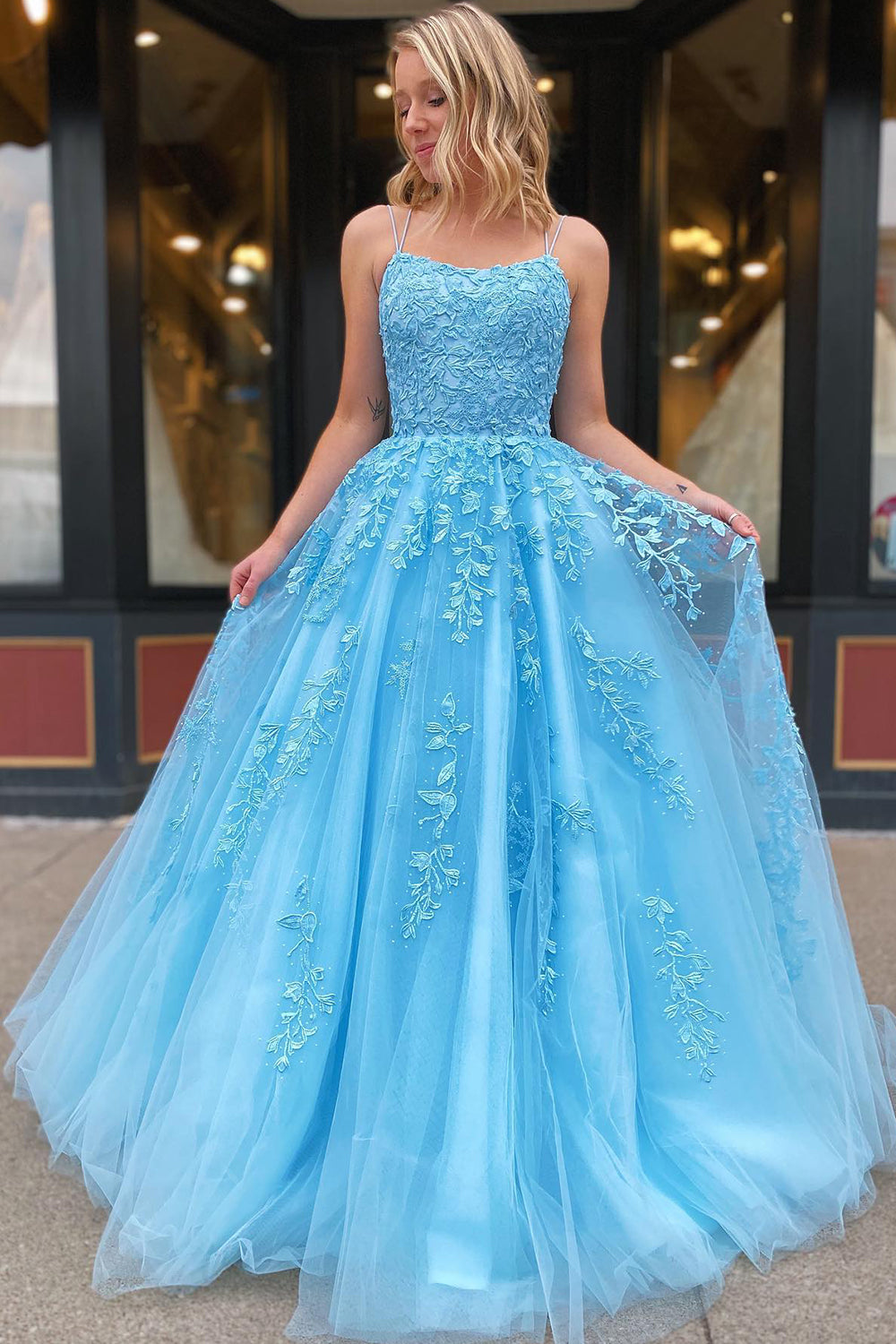 Yellow Princess Prom Dress with Spaghetti Straps