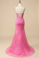 Long Corset Prom Dress in Pink Sweetheart Mermaid Style with Tulle and Appliques