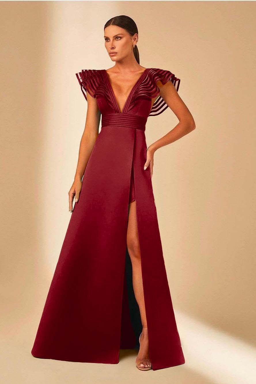 Deep V Neck Sleeveless A Line Long Formal Dress With Front Split
