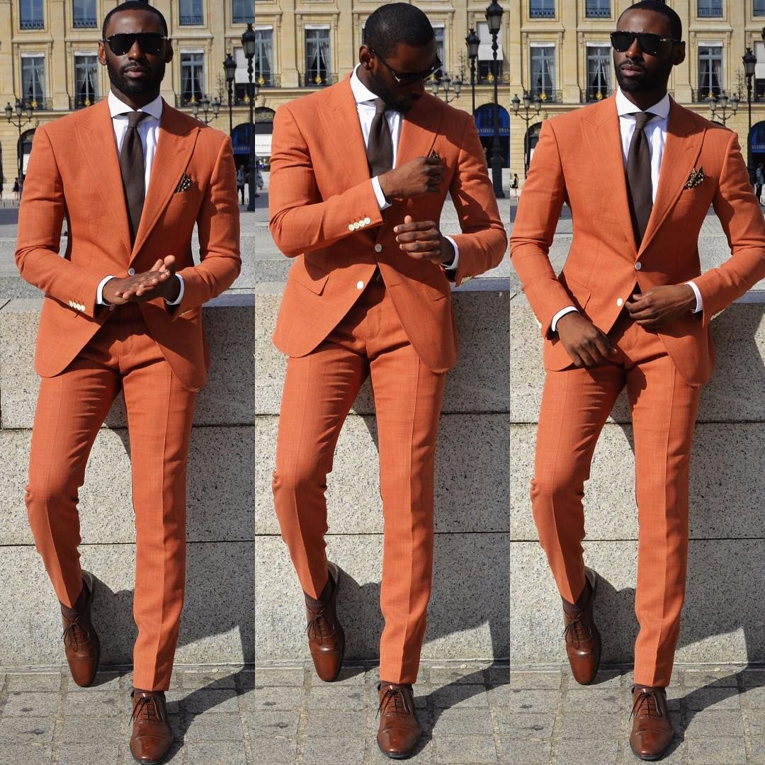 New Arrival Casual Orange Peaked Lapel Wedding Suits for Groom and Groomsmen